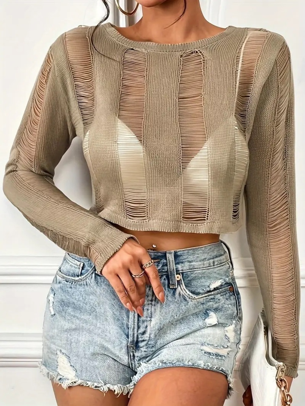 Distressed  Knit Crop Top - Tan